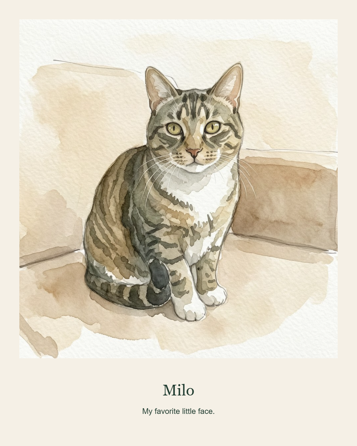 The sample cat watercolor framed with the name Milo